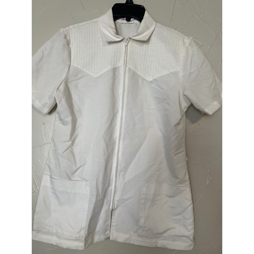 Vintage Crest‎ Uniform Tunic Women Medium White Excellent Zip Front Ribbed Yoke